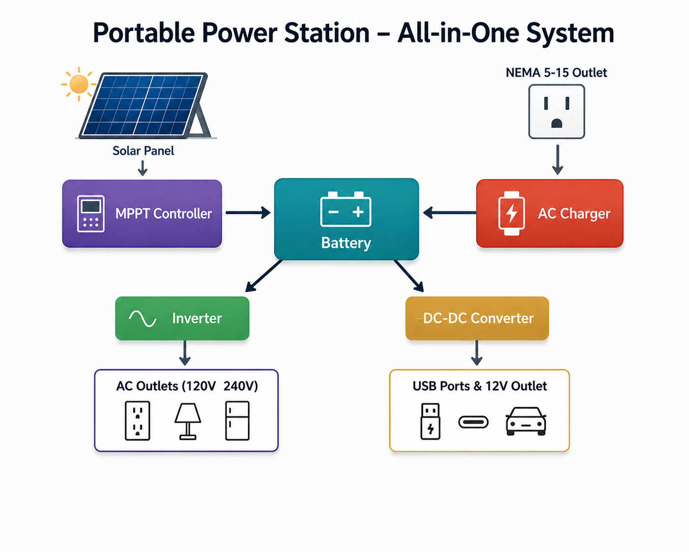 Internal block diagram: Battery connected to Inverter, AC Charger, MPPT Controller, and DC-DC Converter